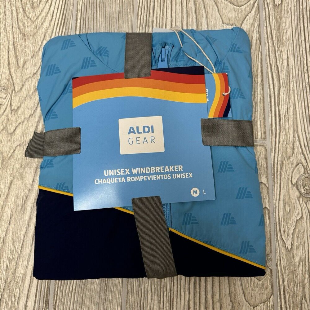 Aldi Gear 2024 Unisex Windbreaker Logo Full Zip Jacket Size M Blue Pockets NWT